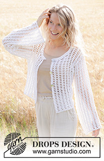 Moon Lace Cardigan / DROPS 249-32 - Crocheted jacket in DROPS Belle. The piece is worked bottom up with lace pattern and wide, sewn-in sleeves. Sizes S - XXXL.