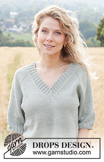 Spring Novel / DROPS 249-33 - Knitted top/T-shirt in DROPS Muskat or DROPS Merino Extra Fine. The piece is worked top down with stocking stitch, raglan, V-neck, short sleeves and split in sides. Sizes XS - XXL.