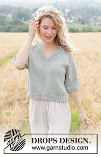 Spring Novel / DROPS 249-33 - Knitted top/T-shirt in DROPS Muskat or DROPS Merino Extra Fine. The piece is worked top down with stocking stitch, raglan, V-neck, short sleeves and split in sides. Sizes XS - XXL.