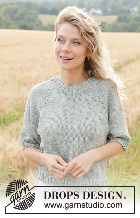 Spring Novel / DROPS 249-34 - Gebreide top/T-shirt in DROPS Muskat of DROPS Merino Extra Fine. Het werk wordt van boven naar beneden gebreid met tricotsteek, raglan, korte mouwen en split in de zijkanten. Maten XS - XXL.