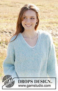 Oversized April / DROPS 249-35 - Strikket bluse i DROPS Alpaca og DROPS Brushed Alpaca Silk. Arbejdet strikkes oppefra og ned med europæisk skulder / skrå skulder, V-hals og I-cord. Størrelse XS - XXL.