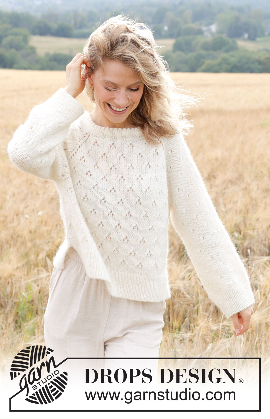 Spring Snowflake / DROPS 249-4 - Gebreide trui in DROPS Air of DROPS Paris. Het werk wordt van boven naar beneden gebreid met dubbele halsrand, raglan, kantpatroon en split in de zijkanten. Maten S - XXXL.