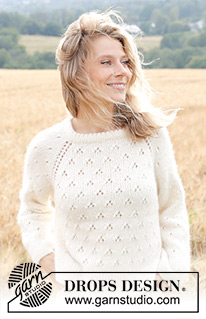 Spring Snowflake / DROPS 249-4 - Gebreide trui in DROPS Air of DROPS Paris. Het werk wordt van boven naar beneden gebreid met dubbele halsrand, raglan, kantpatroon en split in de zijkanten. Maten S - XXXL.