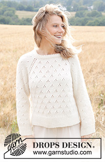 Spring Snowflake / DROPS 249-4 - Gebreide trui in DROPS Air of DROPS Paris. Het werk wordt van boven naar beneden gebreid met dubbele halsrand, raglan, kantpatroon en split in de zijkanten. Maten S - XXXL.