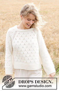 Spring Snowflake / DROPS 249-4 - Gebreide trui in DROPS Air of DROPS Paris. Het werk wordt van boven naar beneden gebreid met dubbele halsrand, raglan, kantpatroon en split in de zijkanten. Maten S - XXXL.