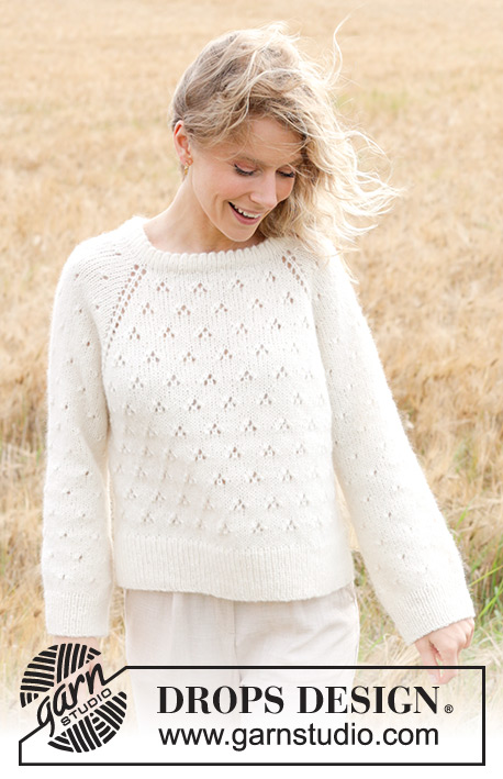 Spring Snowflake / DROPS 249-4 - Gebreide trui in DROPS Air of DROPS Paris. Het werk wordt van boven naar beneden gebreid met dubbele halsrand, raglan, kantpatroon en split in de zijkanten. Maten S - XXXL.