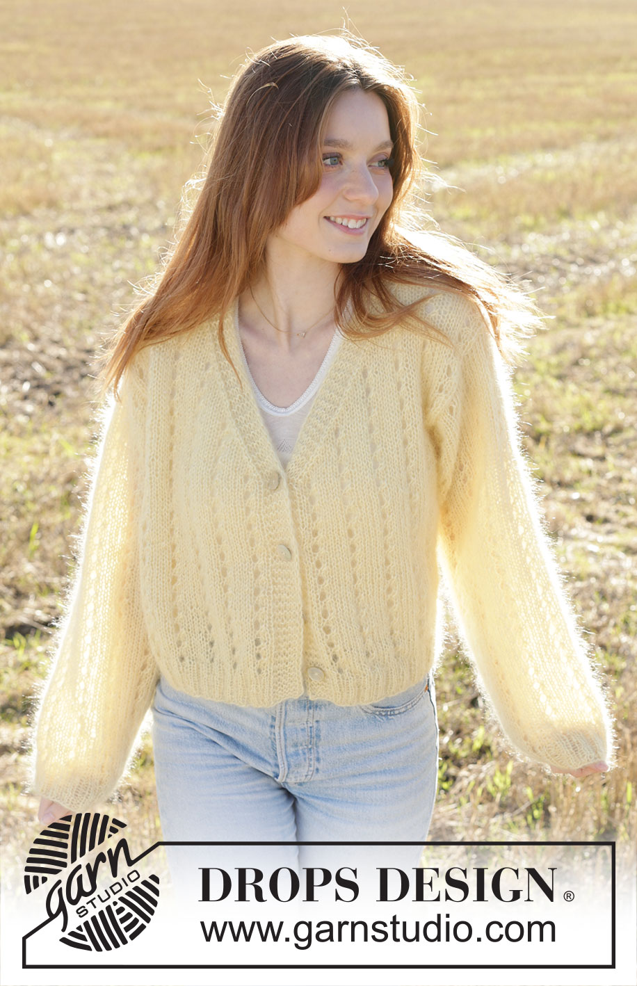 Sunshine Trail Cardigan / DROPS 249-6 - Knitted jacket in 3 strands DROPS Kid-Silk. The piece is worked bottom up with lace pattern, V-neck and I-cord. Sizes XS - XXL.