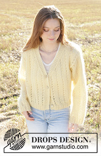 Sunshine Trail Cardigan / DROPS 249-6 - Knitted jacket in 3 strands DROPS Kid-Silk. The piece is worked bottom up with lace pattern, V-neck and I-cord. Sizes XS - XXL.