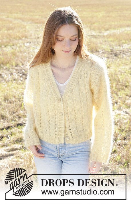 Sunshine Trail Cardigan / DROPS 249-6 - Knitted jacket in 3 strands DROPS Kid-Silk. The piece is worked bottom up with lace pattern, V-neck and I-cord. Sizes XS - XXL.