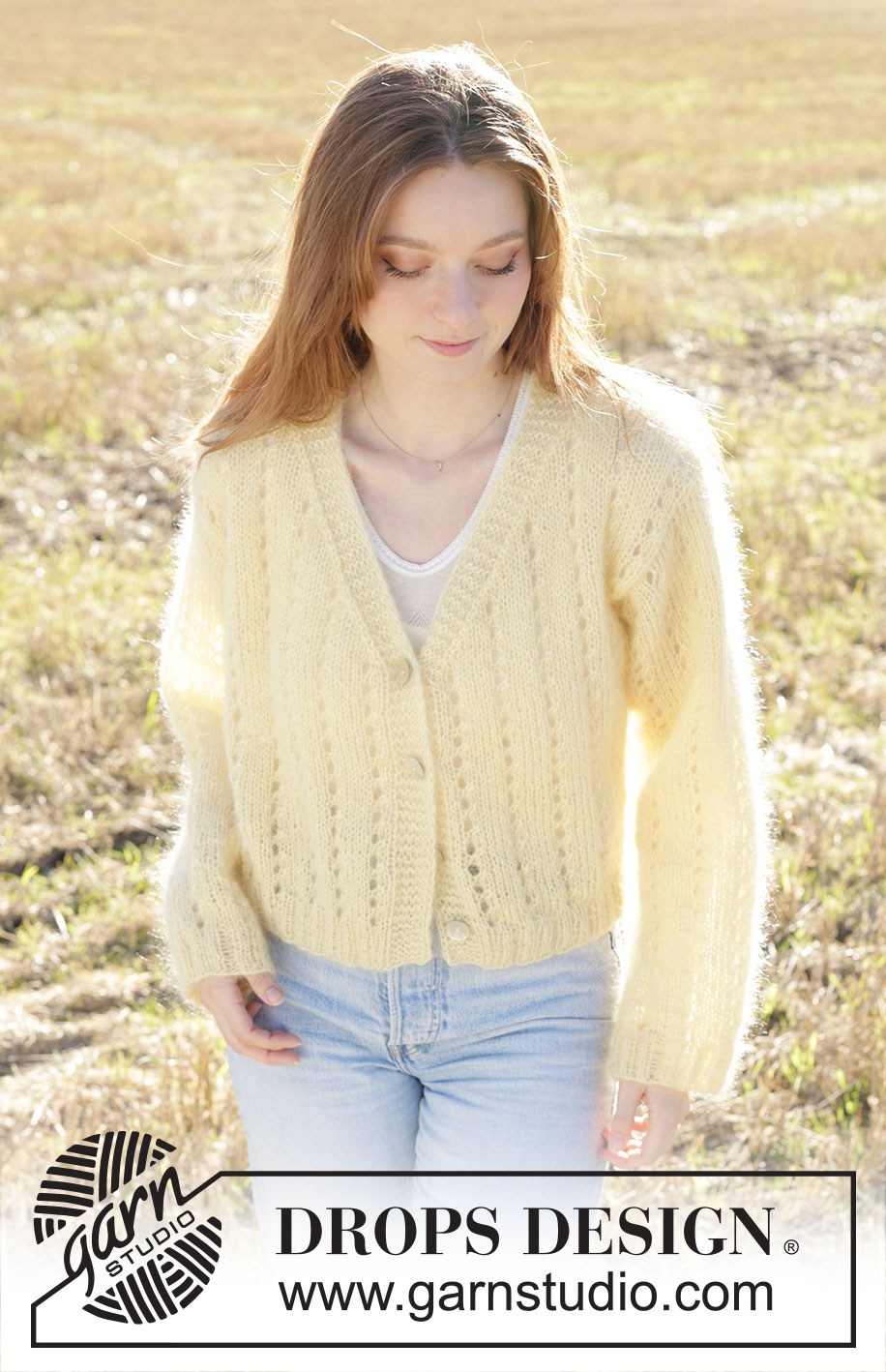 Sunshine Trail Cardigan / DROPS 249-6 - Knitted jacket in 3 strands DROPS Kid-Silk. The piece is worked bottom up with lace pattern, V-neck and I-cord. Sizes XS - XXL.