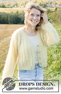Sunshine Trail Cardigan / DROPS 249-6 - Knitted jacket in 3 strands DROPS Kid-Silk. The piece is worked bottom up with lace pattern, V-neck and I-cord. Sizes XS - XXL.