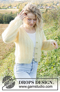 Sunshine Trail Cardigan / DROPS 249-6 - Knitted jacket in 3 strands DROPS Kid-Silk. The piece is worked bottom up with lace pattern, V-neck and I-cord. Sizes XS - XXL.