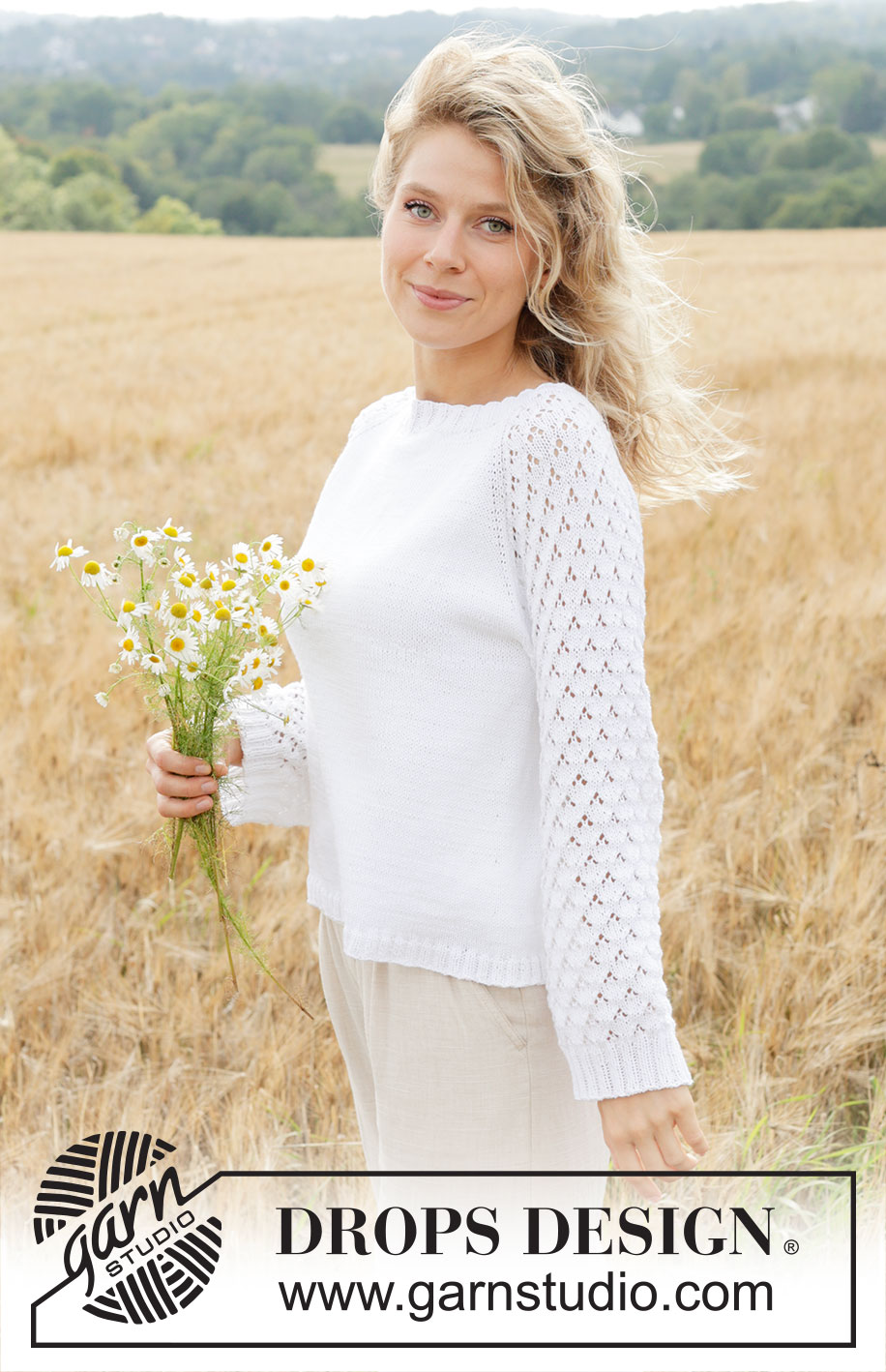 Daisy Fields / DROPS 249-7 - DROPS Safran või DROPS BabyMerino lõngast ülevalt alla kootud pitsmustriga ja raglaan varrukatega džemper suurustele S kuni XXXL