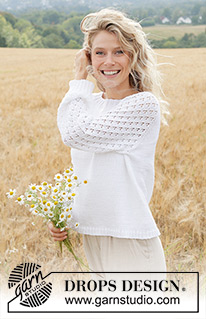 Daisy Fields / DROPS 249-7 - DROPS Safran või DROPS BabyMerino lõngast ülevalt alla kootud pitsmustriga ja raglaan varrukatega džemper suurustele S kuni XXXL
