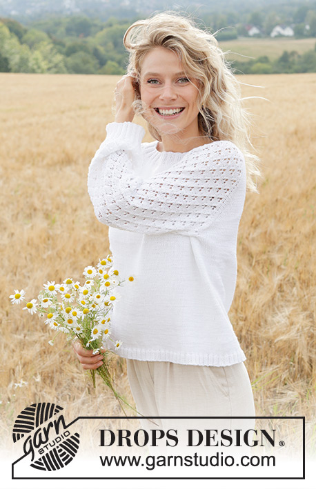 Daisy Fields / DROPS 249-7 - DROPS Safran või DROPS BabyMerino lõngast ülevalt alla kootud pitsmustriga ja raglaan varrukatega džemper suurustele S kuni XXXL