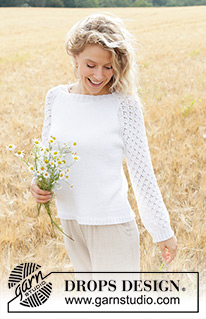 Daisy Fields / DROPS 249-7 - DROPS Safran või DROPS BabyMerino lõngast ülevalt alla kootud pitsmustriga ja raglaan varrukatega džemper suurustele S kuni XXXL