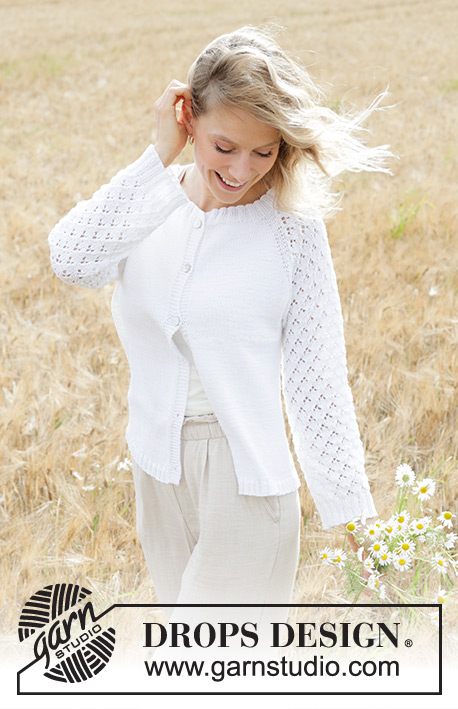 Daisy Fields Cardigan / DROPS 249-8 - Stickad kofta i DROPS Safran eller DROPS BabyMerino. Arbetet stickas uppifrån och ner med raglan och hålmönster. Storlek S - XXXL.