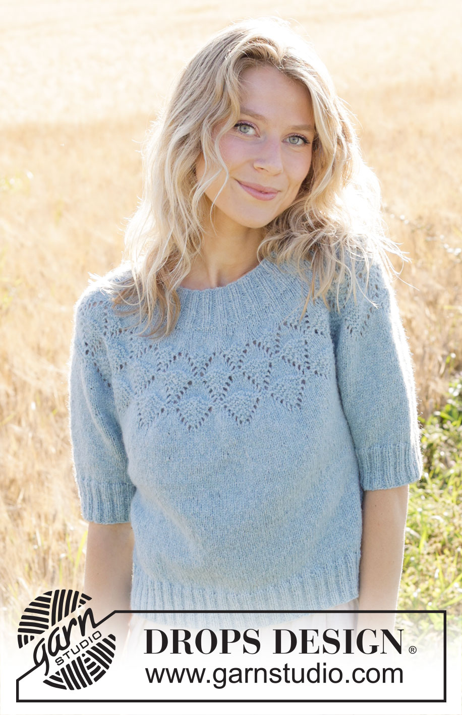 Blueberry Leaf / DROPS 249-9 - Knitted sweater in DROPS Sky or DROPS Merino Extra Fine. Piece is knitted top down with round yoke, lace pattern and short sleeves. Size: S - XXXL