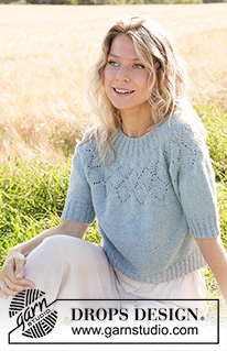 Blueberry Leaf / DROPS 249-9 - Knitted sweater in DROPS Sky or DROPS Merino Extra Fine. Piece is knitted top down with round yoke, lace pattern and short sleeves. Size: S - XXXL