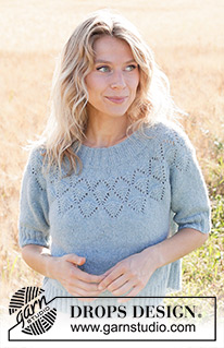 Blueberry Leaf / DROPS 249-9 - Knitted sweater in DROPS Sky or DROPS Merino Extra Fine. Piece is knitted top down with round yoke, lace pattern and short sleeves. Size: S - XXXL