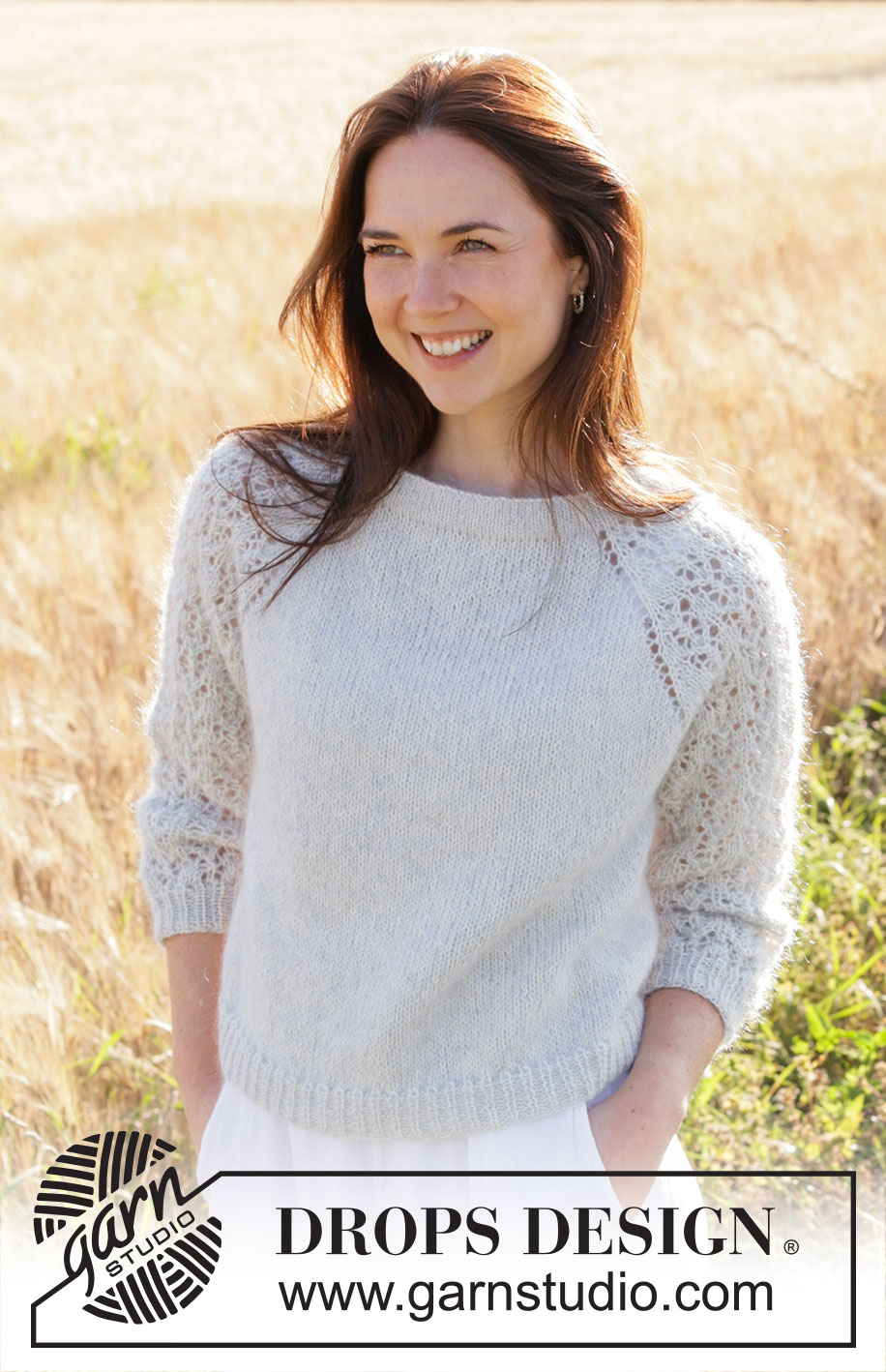 Remembering Spring / DROPS 250-1 - Gebreide trui in DROPS Alpaca en DROPS Kid-Silk. Het werk wordt van boven naar beneden gebreid met dubbele halsrand, raglan, kantpatroon en ¾-lengte mouwen. Maten S - XXXL.