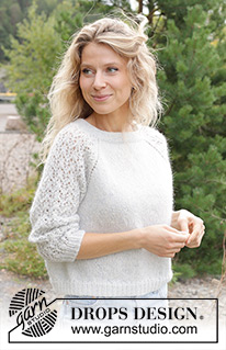 Remembering Spring / DROPS 250-1 - Gebreide trui in DROPS Alpaca en DROPS Kid-Silk. Het werk wordt van boven naar beneden gebreid met dubbele halsrand, raglan, kantpatroon en ¾-lengte mouwen. Maten S - XXXL.