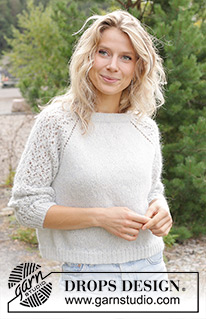 Remembering Spring / DROPS 250-1 - Gebreide trui in DROPS Alpaca en DROPS Kid-Silk. Het werk wordt van boven naar beneden gebreid met dubbele halsrand, raglan, kantpatroon en ¾-lengte mouwen. Maten S - XXXL.