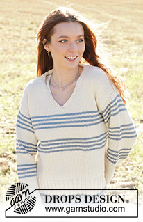 Port of France / DROPS 250-11 - Knitted jumper in DROPS Paris. The piece is worked top down with diagonal/European shoulders, V-neck, stripes and split in sides. Sizes S - XXXL.