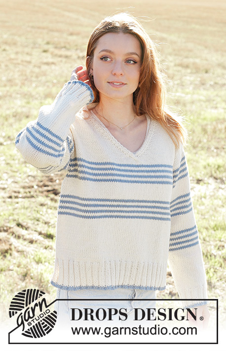 Port of France / DROPS 250-11 - Knitted jumper in DROPS Paris. The piece is worked top down with diagonal/European shoulders, V-neck, stripes and split in sides. Sizes S - XXXL.