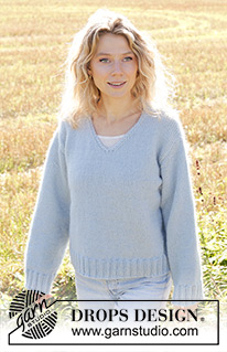 Clear Lake / DROPS 250-12 - Gestrickter Pullover in DROPS Daisy und DROPS Kid-Silk. Die Arbeit wird von oben nach unten mit europäischer Schulter / Schulterschrägung, V-Ausschnitt und I-Cord gestrickt. Größe XS - XXL.