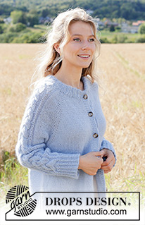 Aisling Cardigan / DROPS 250-14 - Knitted jacket in DROPS Alpaca and DROPS Kid-Silk. The piece is worked top down with raglan, cables, Fisherman’s rib on sleeves and double neck. Sizes S - XXXL.