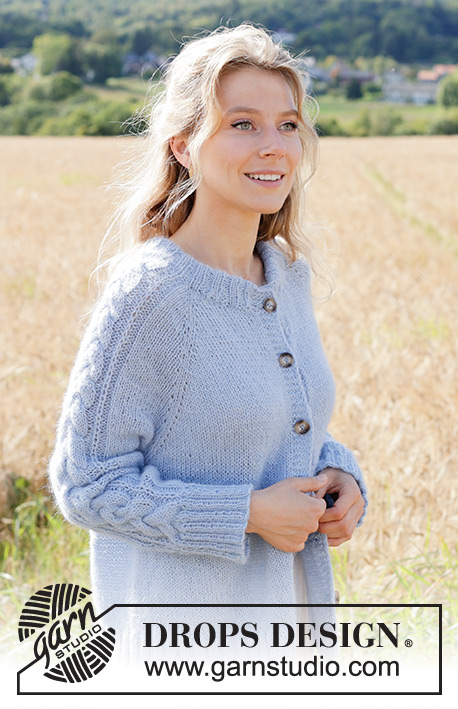 Aisling Cardigan / DROPS 250-14 - Knitted jacket in DROPS Alpaca and DROPS Kid-Silk. The piece is worked top down with raglan, cables, Fisherman’s rib on sleeves and double neck. Sizes S - XXXL.