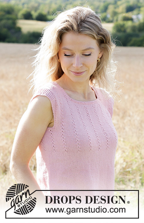 Rosewater Rain / DROPS 250-15 - Knitted top in DROPS Safran. Piece is knitted bottom up with lace cables. Size XS – XXXL.