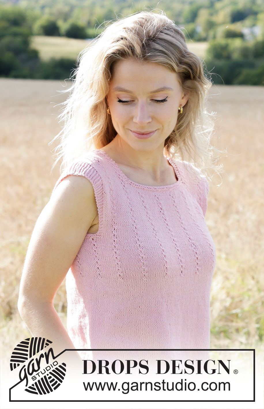 Rosewater Rain / DROPS 250-15 - Knitted top in DROPS Safran. Piece is knitted bottom up with lace cables. Size XS – XXXL.