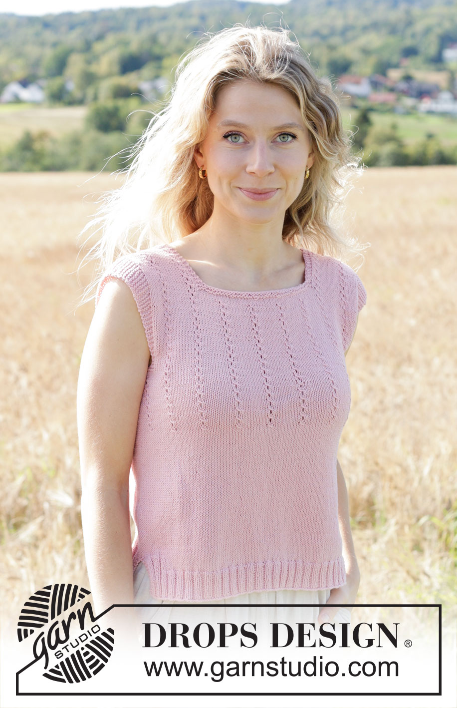 Rosewater Rain / DROPS 250-15 - Knitted top in DROPS Safran. Piece is knitted bottom up with lace cables. Size XS – XXXL.