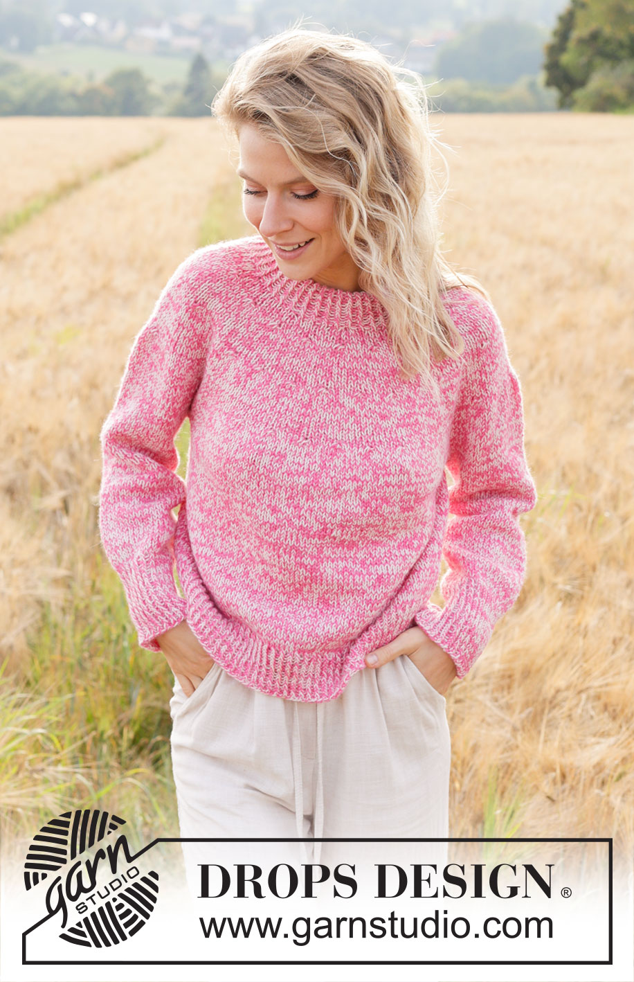 Strawberry Sprinkle / DROPS 250-16 - Gestrickter Pullover in 2 Fäden DROPS Flora. Die Arbeit wird von oben nach unten mit Rundpasse und doppelter Halsblende gestrickt. Größe XS - XXL.