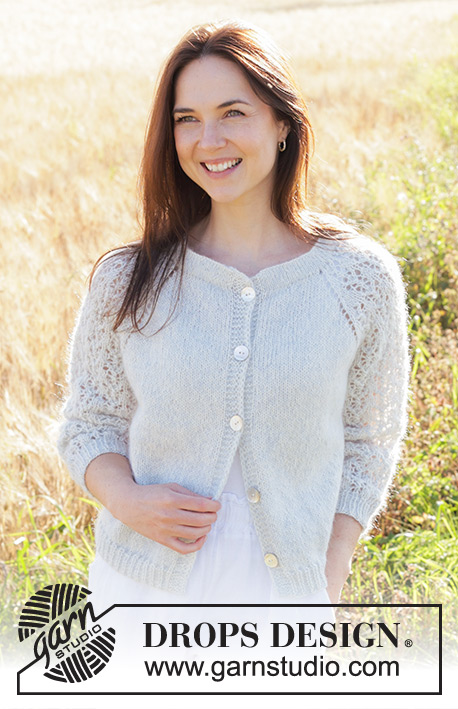 Remembering Spring Cardigan / DROPS 250-2 - Knitted jacket in DROPS Alpaca and DROPS Kid-Silk. The piece is worked top down with double neck, raglan, lace pattern and ¾-length sleeves. Sizes S - XXXL.