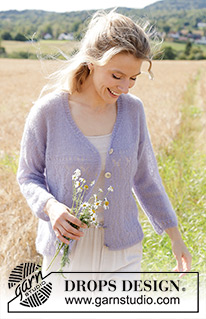 Perfectly Provence Cardigan / DROPS 250-21 - Strikket cardigan i 2 tråde DROPS Kid-Silk eller 1 tråd DROPS Brushed Alpaca Silk. Arbejdet strikkes nedefra og op med hulmønster, V-hals og isyede ærmer. Størrelse S - XXXL.