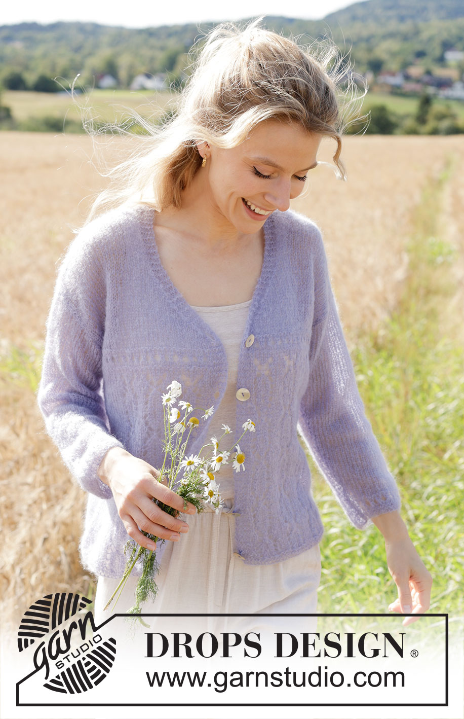 Perfectly Provence Cardigan / DROPS 250-21 - Strikket cardigan i 2 tråde DROPS Kid-Silk eller 1 tråd DROPS Brushed Alpaca Silk. Arbejdet strikkes nedefra og op med hulmønster, V-hals og isyede ærmer. Størrelse S - XXXL.