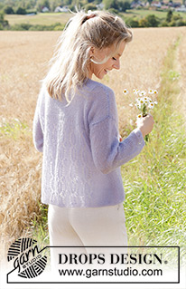 Perfectly Provence Cardigan / DROPS 250-21 - Strikket cardigan i 2 tråde DROPS Kid-Silk eller 1 tråd DROPS Brushed Alpaca Silk. Arbejdet strikkes nedefra og op med hulmønster, V-hals og isyede ærmer. Størrelse S - XXXL.