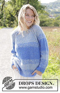 Blue Reflection / DROPS 250-25 - 2 DROPS Brushed Alpaca Silk lõngaga ülevalt alla kootud raglaanvarrukatega ja triipudega džemper suurustele S kuni XXXL
