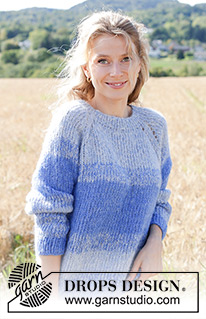 Blue Reflection / DROPS 250-25 - 2 DROPS Brushed Alpaca Silk lõngaga ülevalt alla kootud raglaanvarrukatega ja triipudega džemper suurustele S kuni XXXL