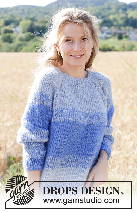 Blue Reflection / DROPS 250-25 - 2 DROPS Brushed Alpaca Silk lõngaga ülevalt alla kootud raglaanvarrukatega ja triipudega džemper suurustele S kuni XXXL