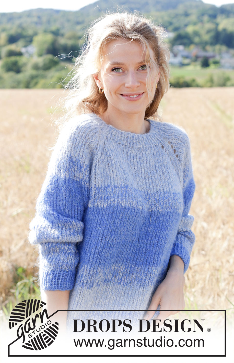 Blue Reflection / DROPS 250-25 - 2 DROPS Brushed Alpaca Silk lõngaga ülevalt alla kootud raglaanvarrukatega ja triipudega džemper suurustele S kuni XXXL