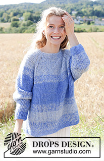 Blue Reflection / DROPS 250-25 - 2 DROPS Brushed Alpaca Silk lõngaga ülevalt alla kootud raglaanvarrukatega ja triipudega džemper suurustele S kuni XXXL