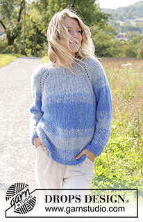 Blue Reflection / DROPS 250-25 - 2 DROPS Brushed Alpaca Silk lõngaga ülevalt alla kootud raglaanvarrukatega ja triipudega džemper suurustele S kuni XXXL