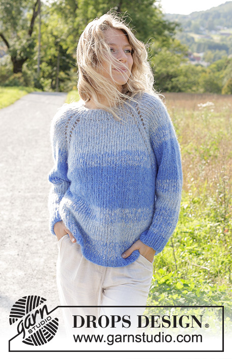 Blue Reflection / DROPS 250-25 - 2 DROPS Brushed Alpaca Silk lõngaga ülevalt alla kootud raglaanvarrukatega ja triipudega džemper suurustele S kuni XXXL