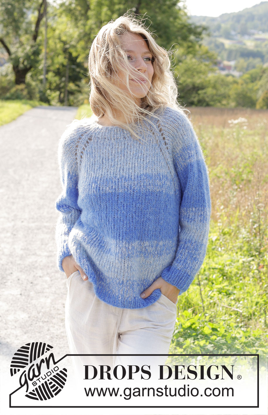 Blue Reflection / DROPS 250-25 - 2 DROPS Brushed Alpaca Silk lõngaga ülevalt alla kootud raglaanvarrukatega ja triipudega džemper suurustele S kuni XXXL