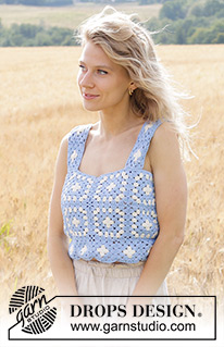 Seaside Daisy / DROPS 250-26 - DROPS Cotton Light lõngast heegeldatud vanaemaruutudega topp suurustele S kuni XXXL.