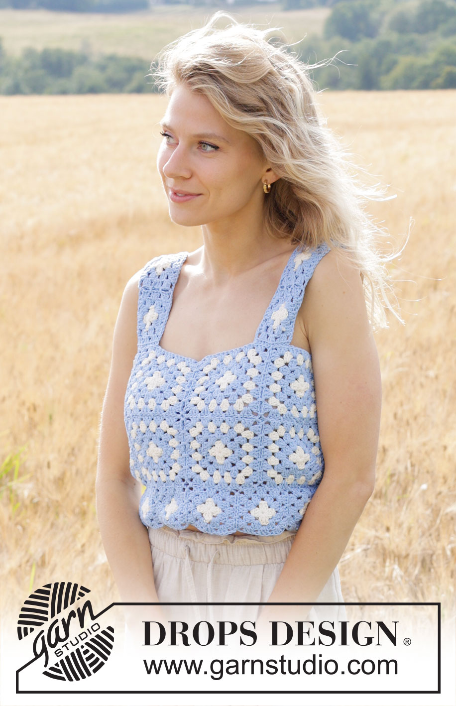 Seaside Daisy / DROPS 250-26 - DROPS Cotton Light lõngast heegeldatud vanaemaruutudega topp suurustele S kuni XXXL.